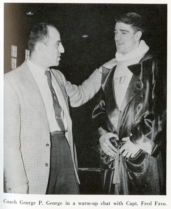 Fred Favo in pre-match warm-up robe, wrestling season 1955.