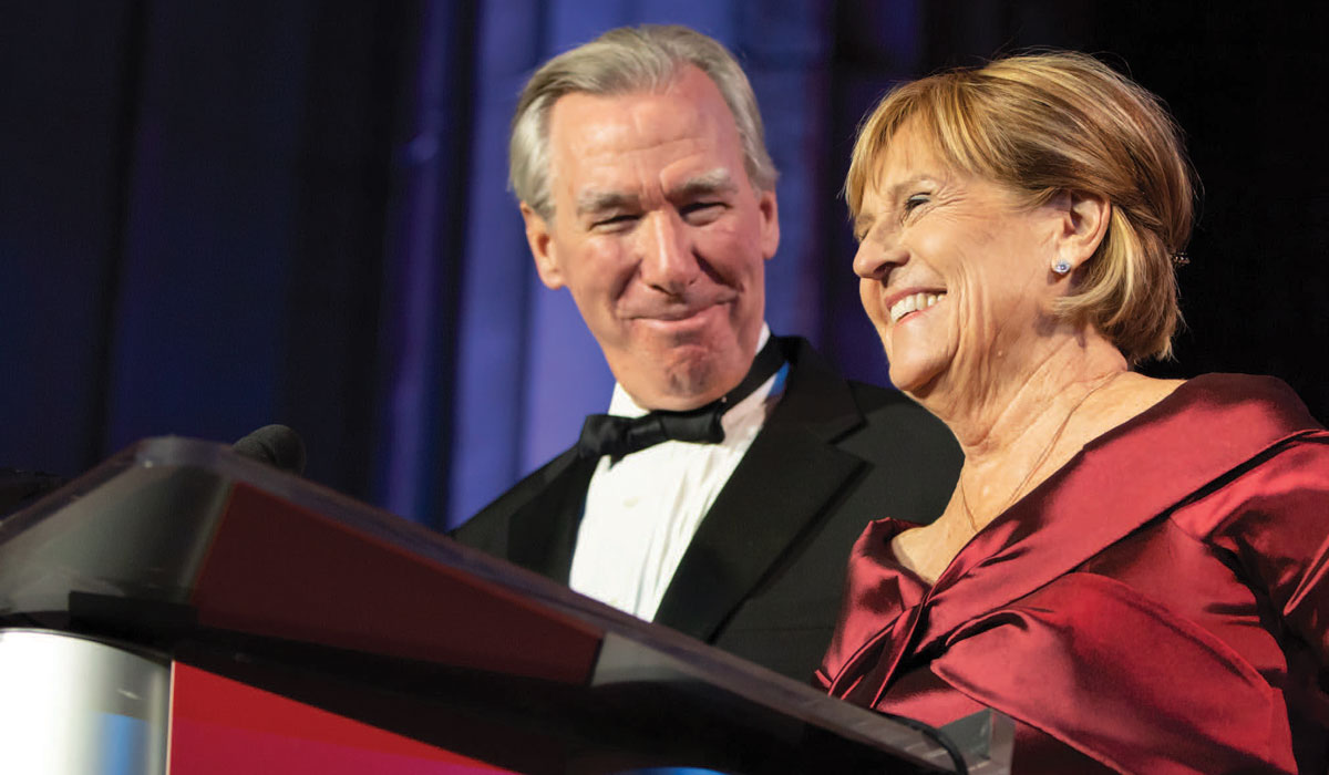John and Jeanne Garvey welcome guests during the Campaign launch event at the Andrew W. Mellon Auditorium in Washington, D.C.