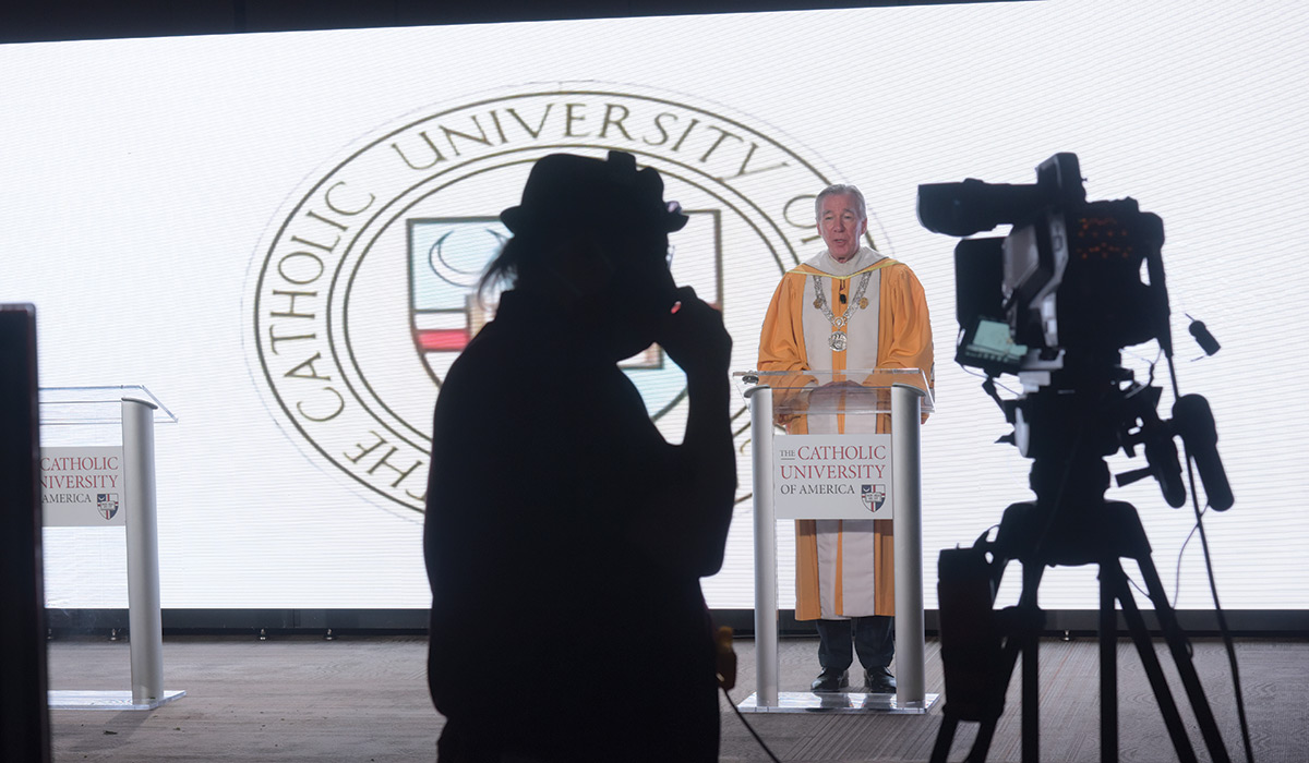 President Garvey being recorded for virtual degree conferral ceremony